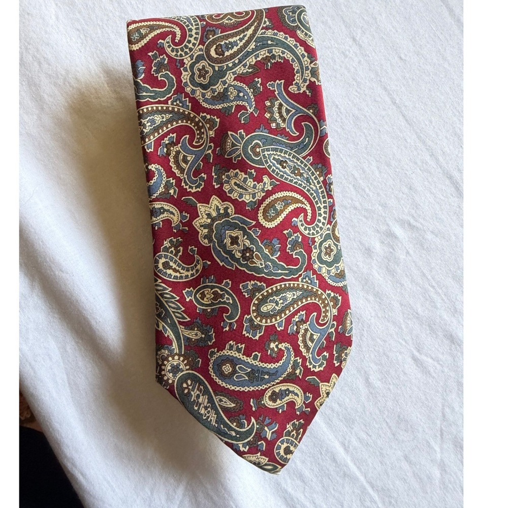 Lands End Men Red Paisley Silk Tie Handsewn USA Extra Long Preppy Formal Wedding